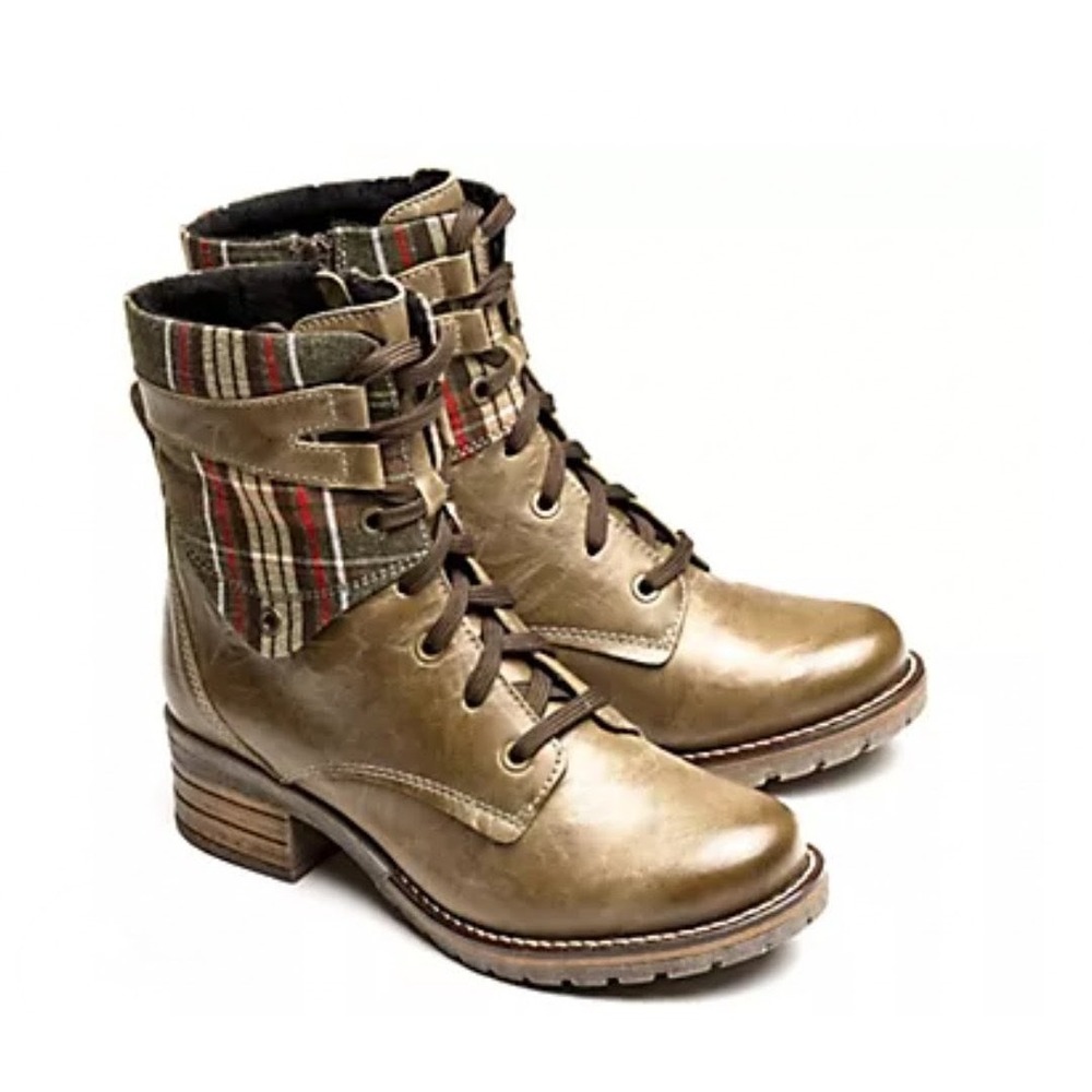 Dromedaris Women's Boots 39 Olive Kara Tartan Leather Lace Up Side Zip Padded